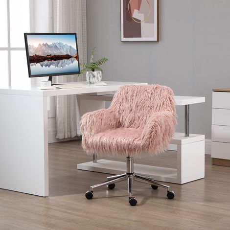 Fauteuil de direction pivotant, fauteuil d'ordinateur, chaise de coiffeuse avec revêtement en fausse fourrure, assise réglable en hauteur pour filles, mousse à revêtement en fausse fourrure, rose et a (1/5)