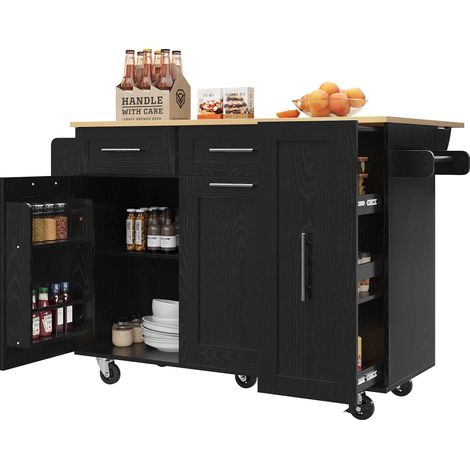 Isola da Cucina 110x46x90,5 cm, Piano Richiudibile Pranzo, Vani Estensibili Ripostiglio, MDF e Metallo, Nero, per Cucina