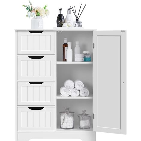 Yaheetech – Armoire de salle de bain avec 4 tiroirs et 1 porte – Étagère réglable – Dimensions 66x35x90 cm – MDF blanc résistant à l'eau