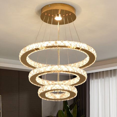 Plafonnier LED 3 anneaux cristal acier inoxydable doré, 40x30x20cm, télécommande (1/5)