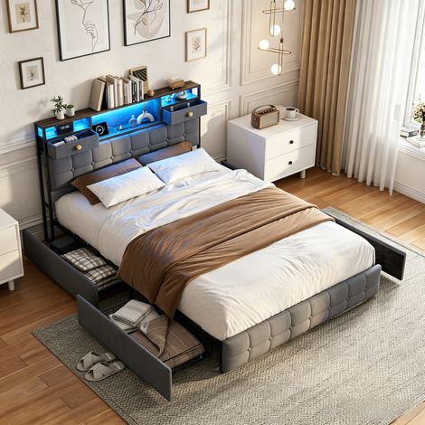 JOOKGBD–Doppelbett gepolstert 140x200 cm, Bett mit Stauraum, 4 Schubladen, LED, USB-Anschluss, Kopfteil mit Stauraum, Jugendbett, weicher Stoff, grau