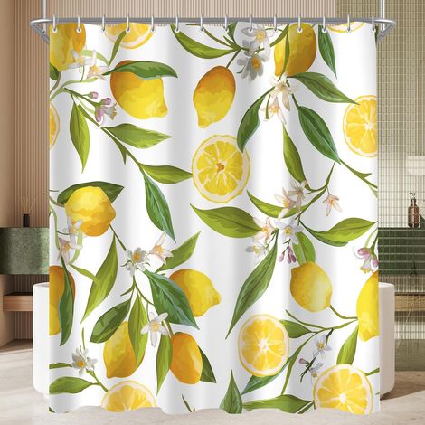 Rideau de douche 180x160 cm - Motif feuilles de citron - Polyester imperméable avec 12 anneaux (1/5)