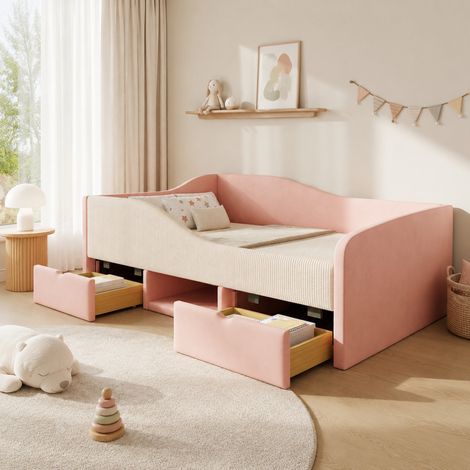 Lit banquette enfant 90x190 cm rose et blanc crème en velours avec barrières et 2 tiroirs (1/5)