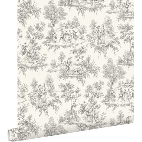 papier peint toile de jouy gris  - ESTAhome