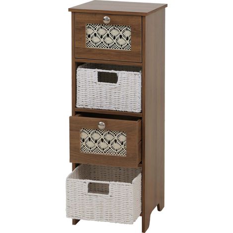 [NUNCA USADO] Cómoda HHG-348, cajonera, 4 cajones, cajones de mimbre, madera melamina, 82 x 30 x 30 cm, marrón