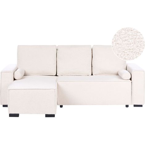 Divano letto angolare moderno a 3 posti in bouclé con braccioli contenitori reversibile bianco sporco Edane