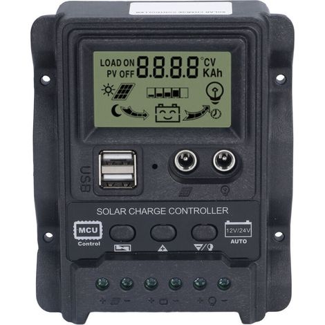 Dual USB PWM Solar Charge Controller 10A, ABS LCD Display, Light Control, 12V/24V (130W/260W)