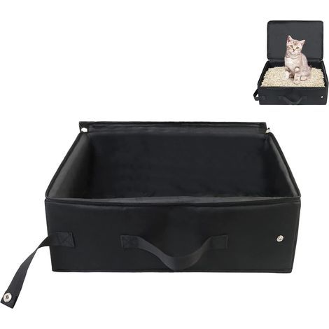 Litière de voyage pour chat - 40 x 30 x 15 cm - Pliable étanche avec couvercle zippé - Poignée intégrée - Noir (1/5)