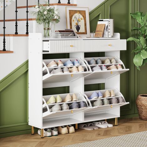 Meuble à chaussures — Doté de 4 compartiments basculants, de range-chaussures séparés et d'étagères ouvertes — Mobilier idéal pour les entrées ou les couloirs