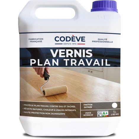 Codève Bois – Vernis plan de travail incolore 5 L – Protection contre l'eau et les taches – Résistance à l'abrasion – Pour bois massif et stratifié