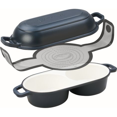 Mahlzeit Gusseisen Brotbacktopf Set emailliert, 5 Liter, 2 Backkammern, mit Brotschlinge, Blue Berry (1/5)