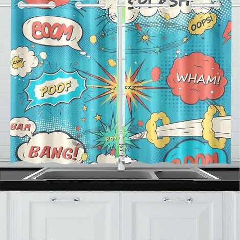 Rideaux de style pop art, motif BD, pour cuisine, chambre ou salon, 65 x 90 cm, lot de 2. (1/5)