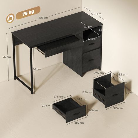 Bureau moderne avec tiroirs, étagères ouvertes et tablette pour clavier. En bois et acier. Dimensions : 120 x 52,3 x 76 cm, noir. (1/5)