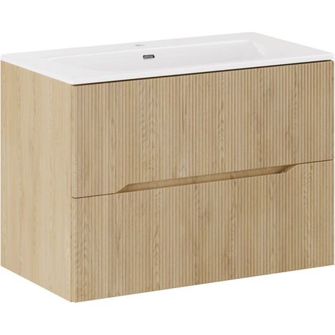 Set da bagno NATURA 80cm: mobile sottolavabo in legno chiaro con scanalature verticali + lavabo incassato