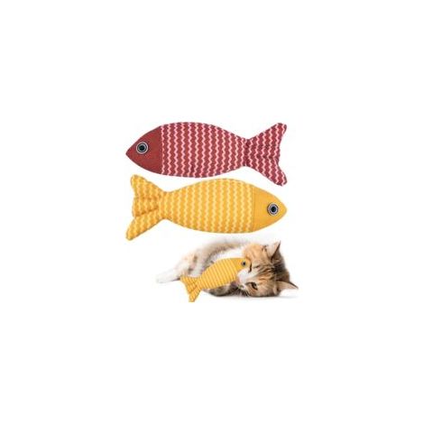 Lot de 2 jouets interactifs pour chats – EINNENFFER –  Poissons à mâcher résistants, herbe à chat incluse, stimulation, dentition et jeu, rouge/jaune