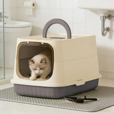 Bac à litière avec couvercle et pelle pour chat, fond antidérapant, design amovible, contrôle des odeurs, facile à nettoyer, gris et blanc, très grand format (1/4)