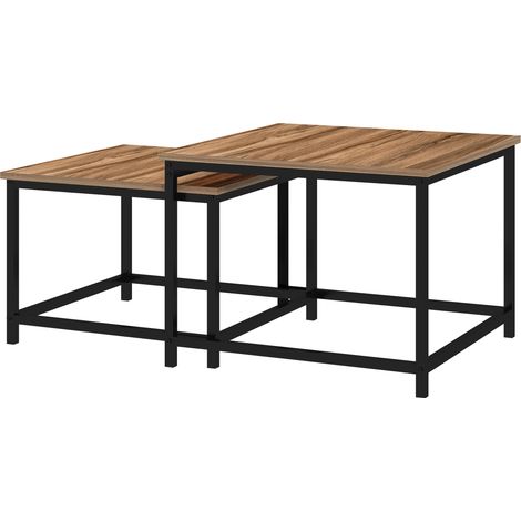 Tables gigognes ensemble 2 pièces acier noir plateau imitation bois