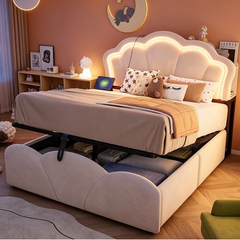 Cama con canapé 140x200 de terciopelo con LED, enchufes y almacenaje en cabecero beige (1/5)