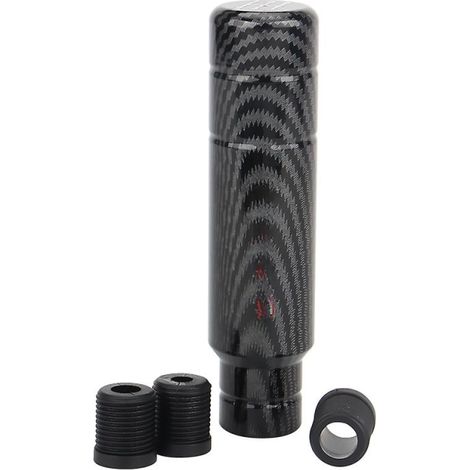 Pomo de palanca de cambios universal de aluminio con diseño de fibra de carbono, 13 cm, con adaptadores M8, M10 y M12. Color: Fibra de carbono negra. (1/5)