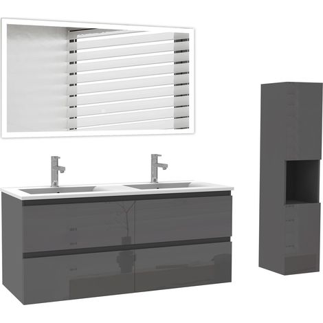Ocean Ensemble de Meuble salle de bain 120cm anthracite Haut Brillant, miroir led + colonne 131.5cm (1/5)