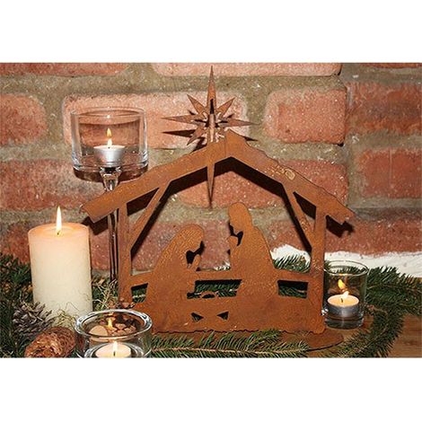 Crèche de Noël en Métal Effet Rouille avec Figurines Décoration Vintage Jardin et Intérieur 30x31 cm - PANGIVO