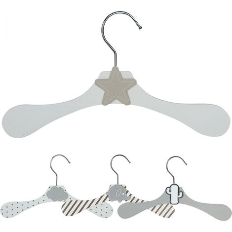 Lot de 10 cintres en bois 28 cm pour bébé, enfant avec crochet pivotant - Cintre blanc et étoile beige