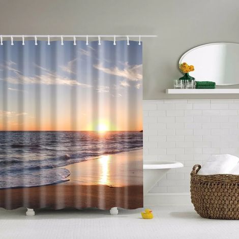 Rideau de douche à motif coquillages, étoiles de mer, conques, palmiers bleus et coucher de soleil, décor de salle de bain, 120 x 180 cm (47 x 70 pouces), 120 x 180 cm (47 x 70 pouces)