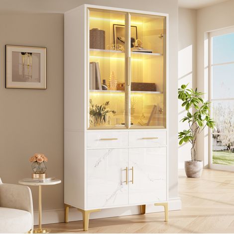 Vitrine haute 75 x 38 x 170 cm avec éclairage LED APP, 2 tiroirs, blanc HAVRYA (1/5)