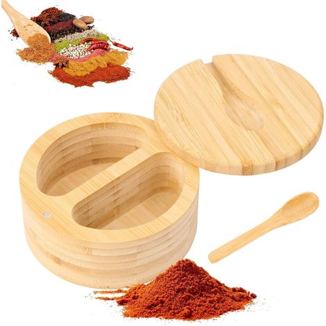 1 Boîte à sel double, couvercle magnétique, cuillère en bois, rangement épices cuisine (1/5)