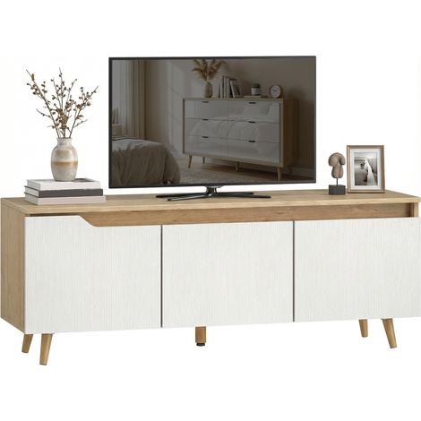 Homcom – Meuble TV 120cm pour téléviseur jusqu'à 55 pouces – 3 portes avec étagère réglable – Panneaux de particules chêne et blanc – 60 kg max (1/5)
