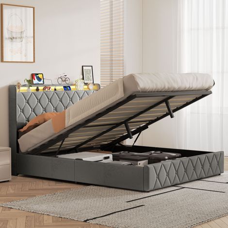 Lit double coffre 160x200 avec rangement hydraulique, Tête de lit rembourrée avec étagère et éclairage LED USB, sommier à lattes pour adulte ado, Velours, Gris (1/5)