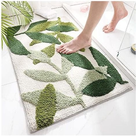 Rutschfeste Badematte, langlebiger, wasserabsorbierender Badezimmerteppich mit rutschfester Badematte für den Badezimmerboden, maschinenwaschbar, weiche und bequeme Fußmatte, grüne Blätter (45 x 65 cm