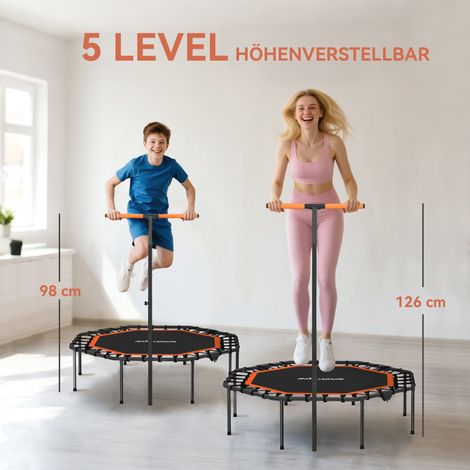Trampoline de fitness, trampoline d’entraînement avec poignée réglable, stable et silencieux, acier orange, usage intérieur (1/5)