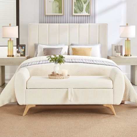Mobliva Banc pliable en velours côtelé avec espace de rangement et pieds en bois – 145 × 51 × 57 cm, pour chambre, salon et entrée (1/5)