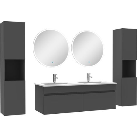Ensemble meubles Salle de Bain double vasque 120cm, colonnex2 et miroir rond Anthracite