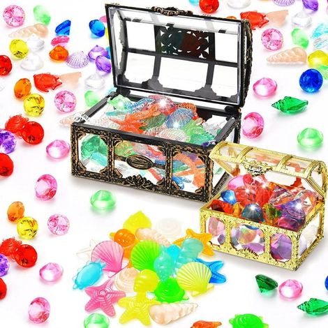Coffre au Trésor de Plongée 130 Pièces Pierres Précieuses Colorées et 2 Boîtes Trésor Jouets de Pirate pour Piscine, Accessoires de Fête de Natation Estivale (1/5)