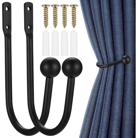 Lot de 2 attaches-rideaux noires, sangles pour tringles, crochets de fixation murale, supports à rideau, crochets de rappel, accessoires de décoration fenêtre (1/5)