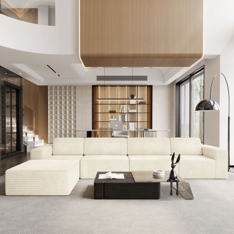 Modulares 4-Sitzer-Ecksofa aus Cord mit 1 Hocker, kompakt zusammengebaut, keine Montage erforderlich, 404 x 202 x 82 cm, Beige