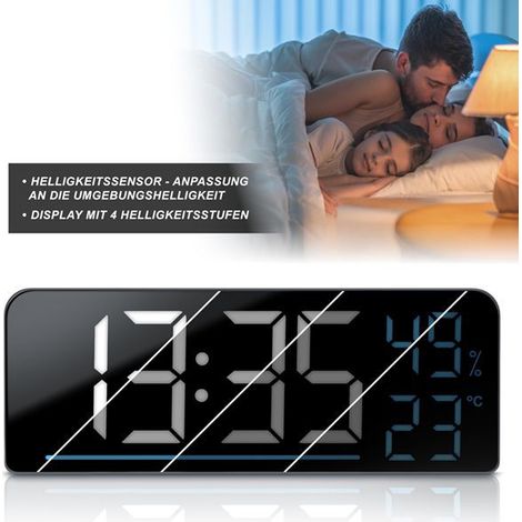 Available in 1 color: Black Material: ABS Large LED display clock Multifunctional alarm clock with temperature and humidity display Simple and elegant design. (1/5)