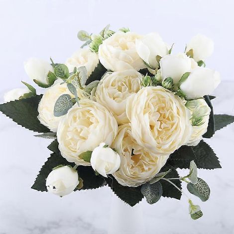 Bouquet de pivoines artificielles en soie rose poudré de 30 cm, 5 grosses fleurs, décoration de mariage économiqueblanc (1/5)