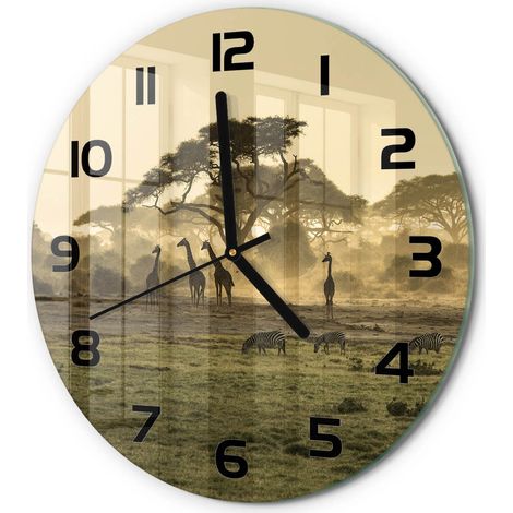 Horloge Murale Ronde Sans Cadre en Verre Trempé Silencieuse et Moderne Girafes dans la savane fi 30 cm (1/5)