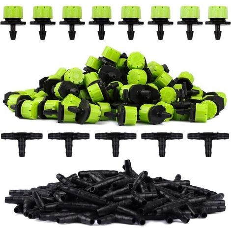 100pcs Vert Goutteur Irrigation Réglable + 100PcsTee Joint de Tuyau Système D'arrosage Automatique Goutte à Goutte Micro Gicleurs Drippers pour Plante Serre DIY Jardin (1/4)