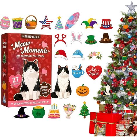 Calendrier compte à rebours de Noël thème chat, blocs décoratifs en bois, ornements pour sapin, mur, rebord de fenêtre, cheminée. (1/5)
