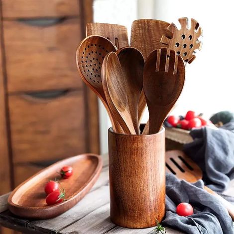 Ensemble de 7 ustensiles de cuisine en bois, poêles antiadhésives, ustensiles de cuisine résistants à la chaleur, manches en bois, couleur bois naturel. (1/4)