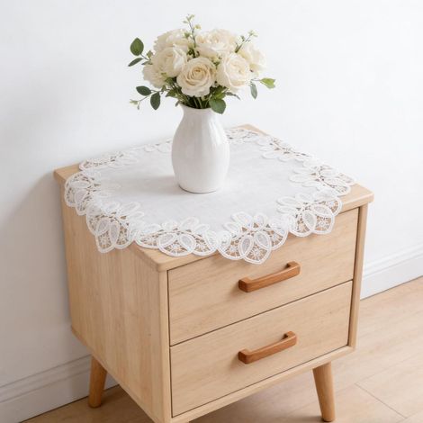 Runde Tischdecke 40x40 cm mit Spitze, weiß, Polyester, Vintage-Stil