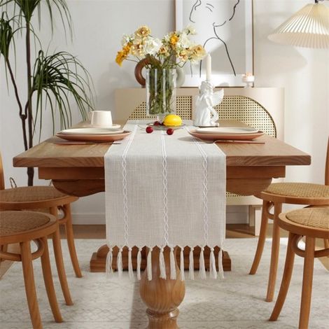 Camino de mesa estilo campestre con borlas, Largo 200 cm, como decoración de tocador y como decoración de comedor (33 x 200 cm) (1/5)