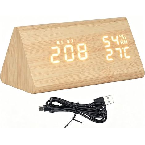Reloj despertador digital de escritorio de madera, reloj despertador digital LED inteligente con hora, fecha, temperatura, humedad, control por voz, brillo ajustable, 11 alarmas, reloj de mesita de no (1/5)