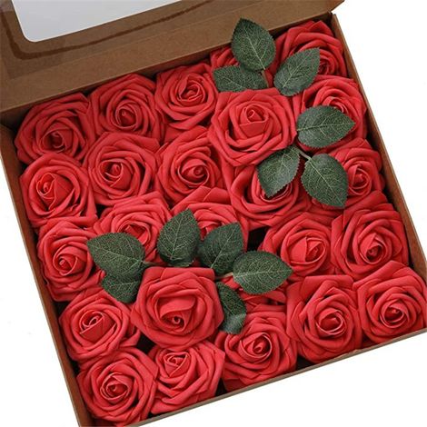 Fleurs artificielles (25 roses en mousse réalistes avec tiges) pour bouquets de mariage et enterrements de vie de jeune fille à faire soi-même. (1/5)