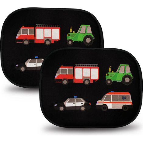 2 selbstklebende Sonnenschutzblenden für Kinder und Kleinkinder – Einsatzfahrzeuge und Traktoren – Sonnenschutzblenden für Autofenster – 44 x 36 cm – Sonnenblenden für Autos