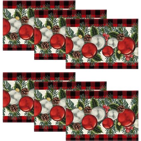 Placemat - Faux Linen - 12x18 Pouces - Motif Noël (Houx Pinède Carreaux) - Pour Table À Manger Cuisine Salon - Lot De 6 (1/5)